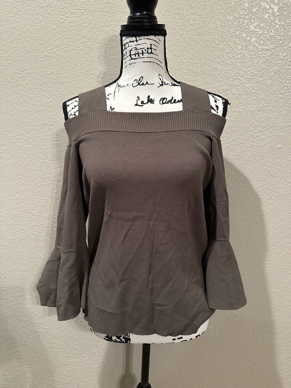 I-N-C Womens Cold Shoulder Bell 3/4 Sleeves Knit Olive Green Top Sz L